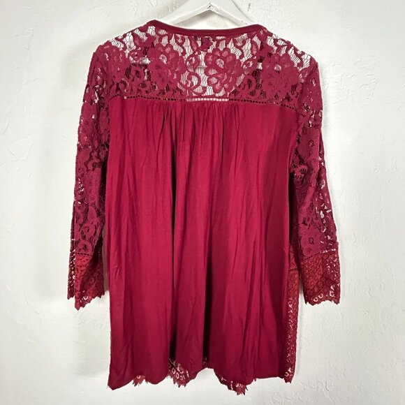 Lucky Brand Womens Burgundy Lace Button Down Tunic Top Shirt XL 3/4 Sleeve Boho - Picture 2 of 9